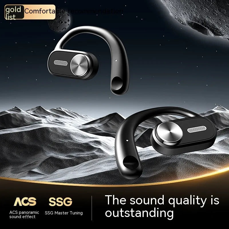 OWS open Bluetooth headset in Elegant Black with ear hook design and charging case
