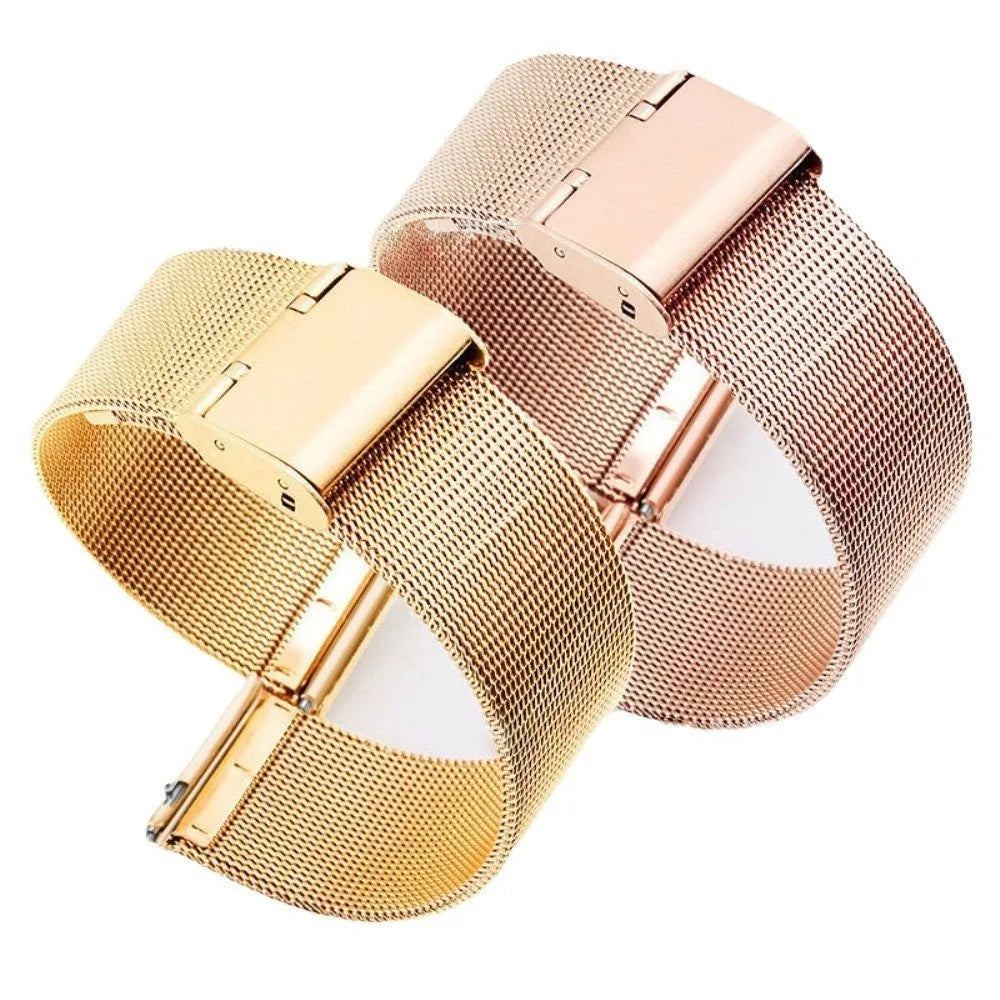 Milani woven stainless steel and silk watch band in silver, black, rose gold, or gold, showing texture.