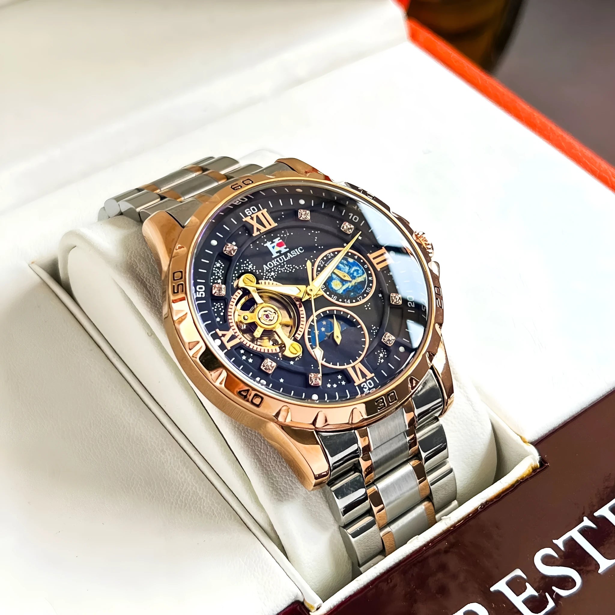Men's rose gold automatic mechanical watch with black dial and large display