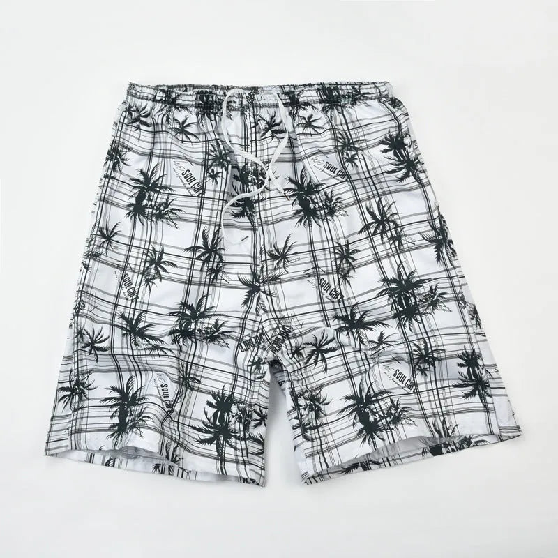 Men's floral print five-point swimming trunks in polyester fabric for pool and beach use