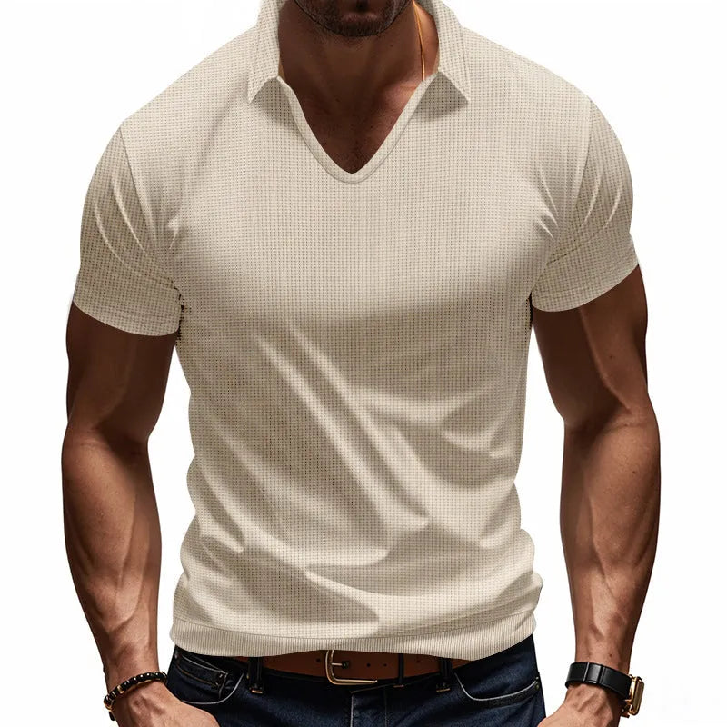 Men's light grey V-neck loose-fit short sleeve t-shirt on a hanger