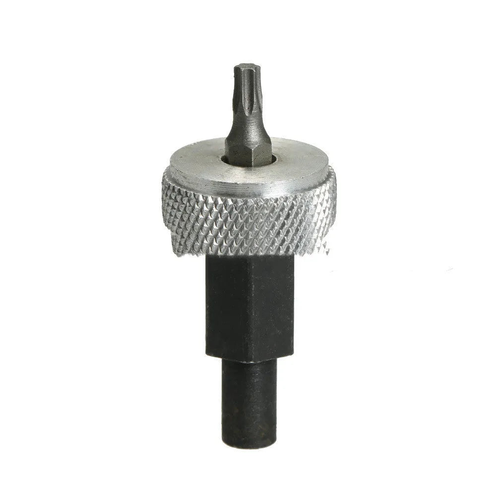 Close-up of a carbon steel ignition module wrench with knurled aluminium knobs, shown with a 7/32" hex bolt.