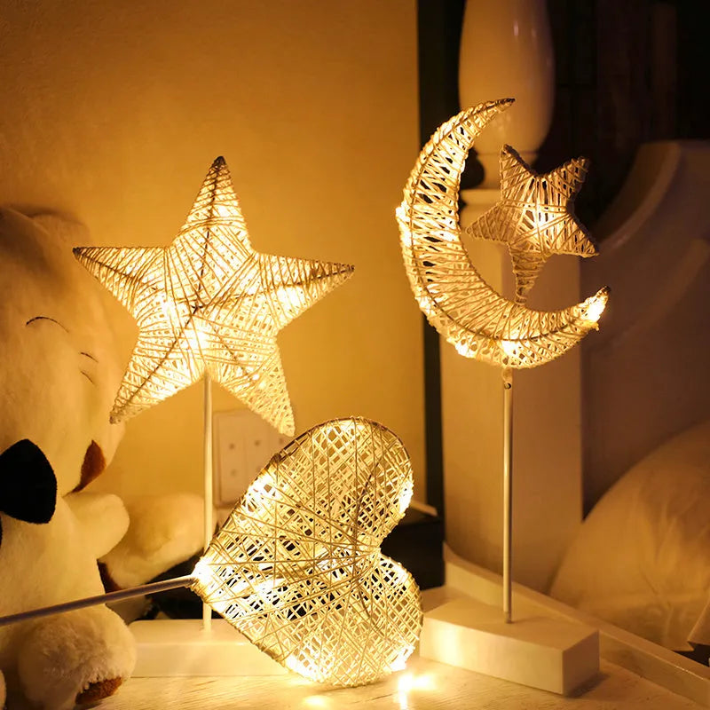 Rattan LED decorative lamp with copper wire in love, star or moon designs