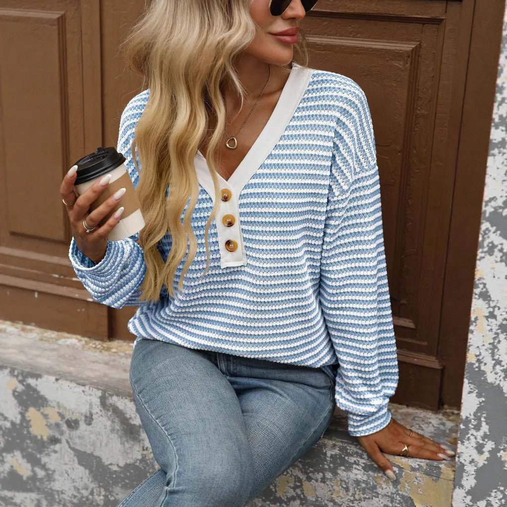 Women's loose fit V-neck patchwork pullover top in polyester imitation cotton fabric.