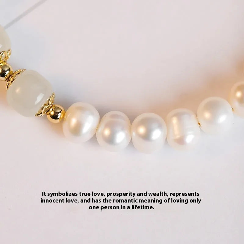 Freshwater pearl bracelet with diamond-shaped charm in electroplated Hetian jade colour