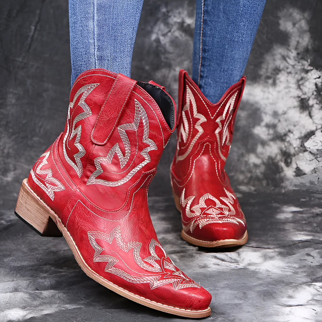 Women's blue Western cowgirl boots with embroidery details and low wedge heel