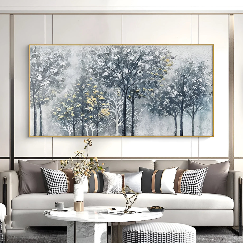 Handmade abstract silver-gray blue golden forest tree texture oil painting on canvas horizontal