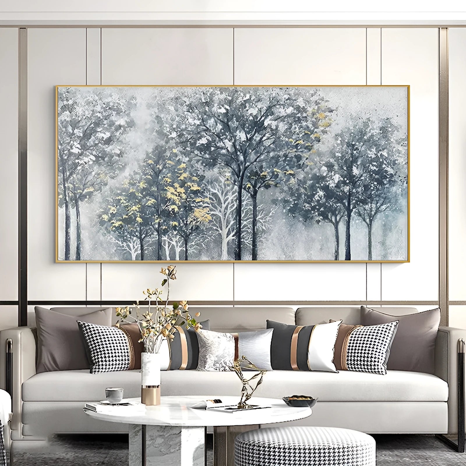 Handmade abstract silver-gray blue golden forest tree texture oil painting on canvas horizontal