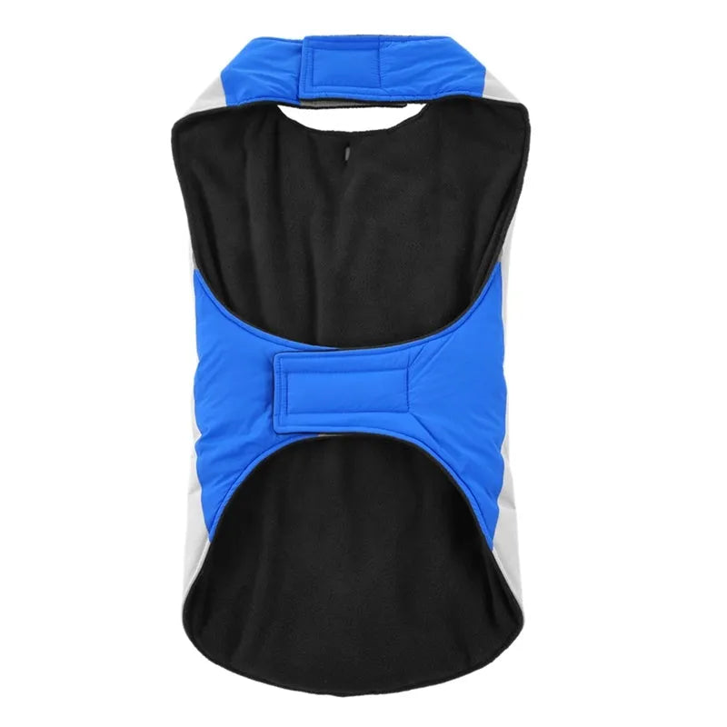 Winter dog coat with reflective strip for large breeds polyester safety jacket blue colour