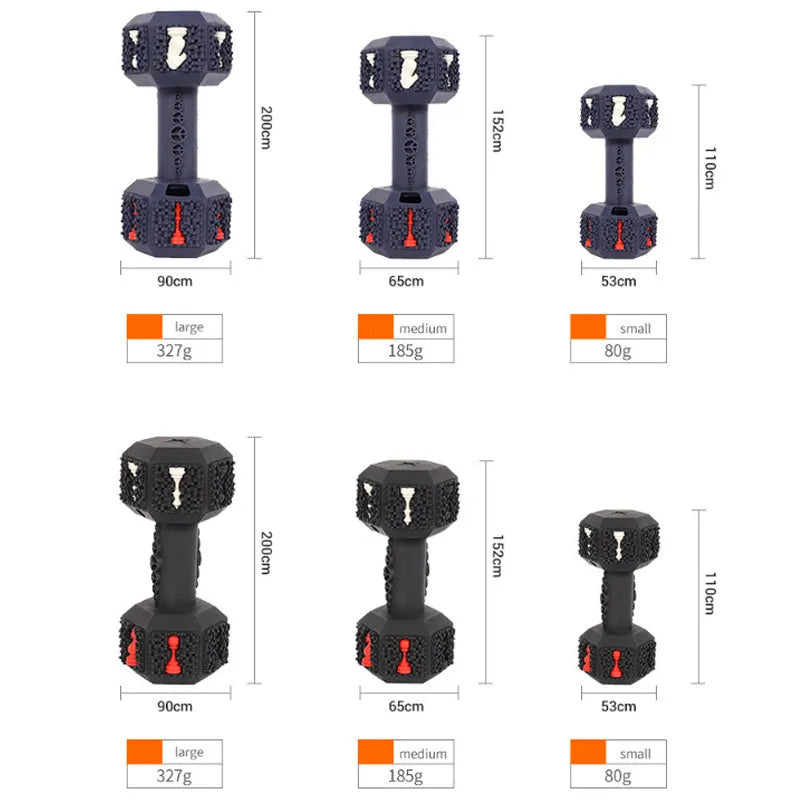 Durable dumbbell-shaped dog chew toy with hollow ends for treats in black or blue colour options