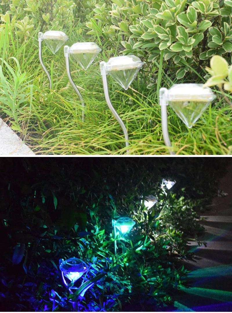 Solar powered garden diamond light with adjustable angle and solar panel on adjustable mount.