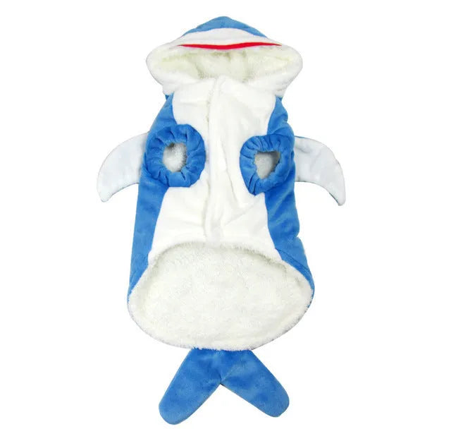 Realistic blue shark suit cosplay costume with embroidered eyes and zigzag mouth on model