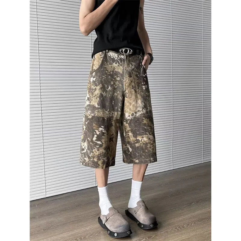 Women's yellow camouflage jeans with snake pattern tooling and cropped leg design