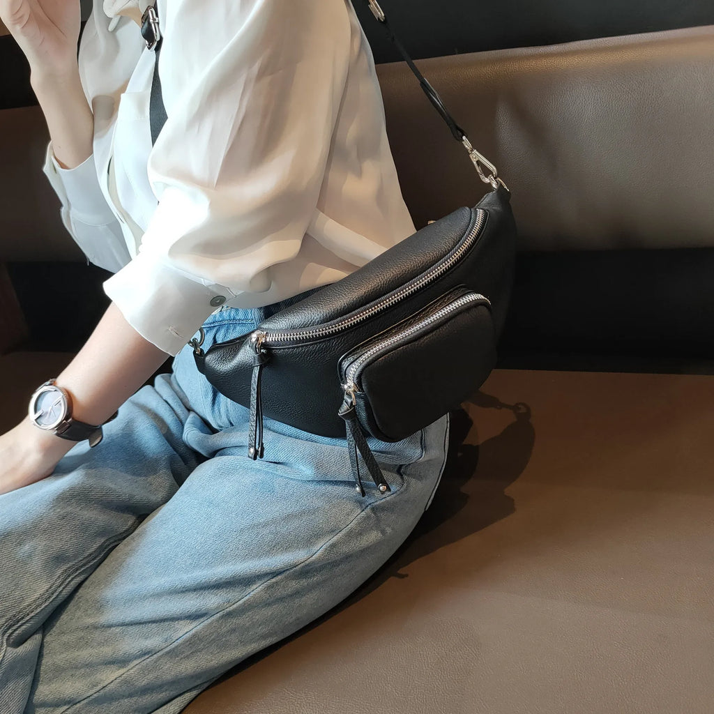 Genuine leather dumpling chest bag crossbody style black blue white colour options