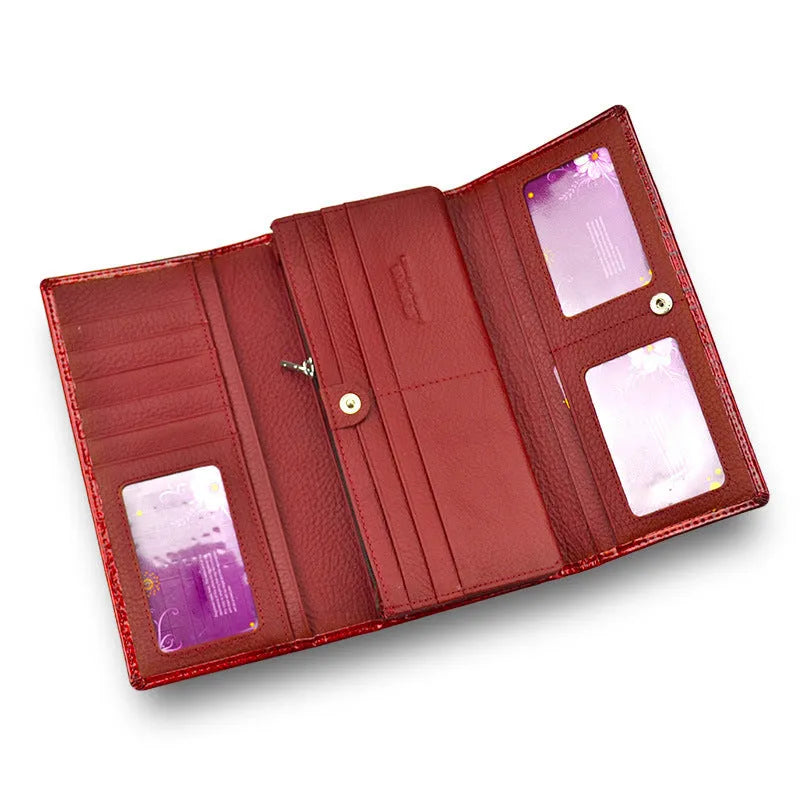 Women's red crocodile pattern leather coin purse with patent finish and pigskin lining interior