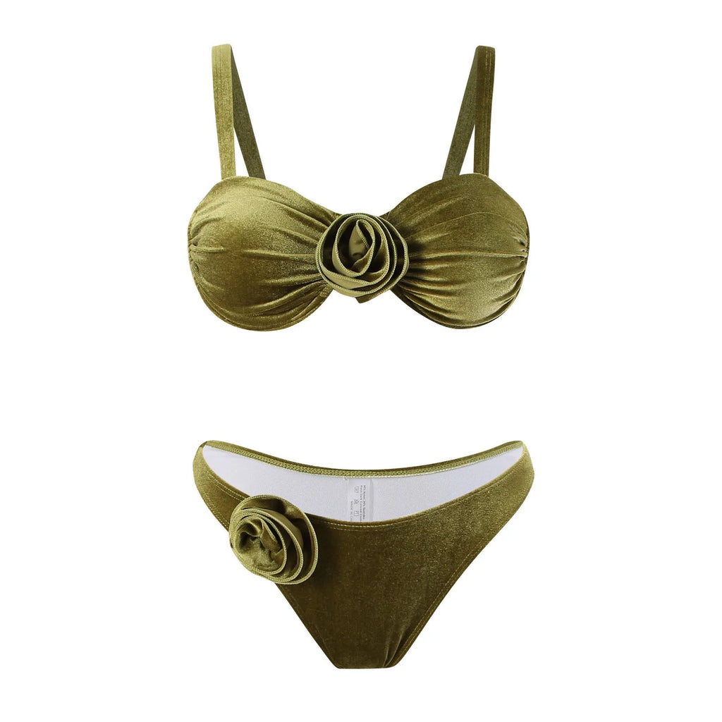Women's 3D flower swimsuit in green with floral pattern and brief style