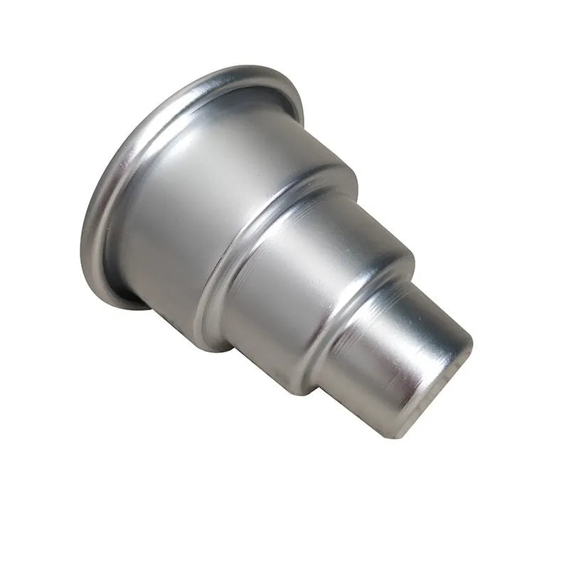Three silver aluminium alloy cake moulds in large, medium and small sizes for tiered baking
