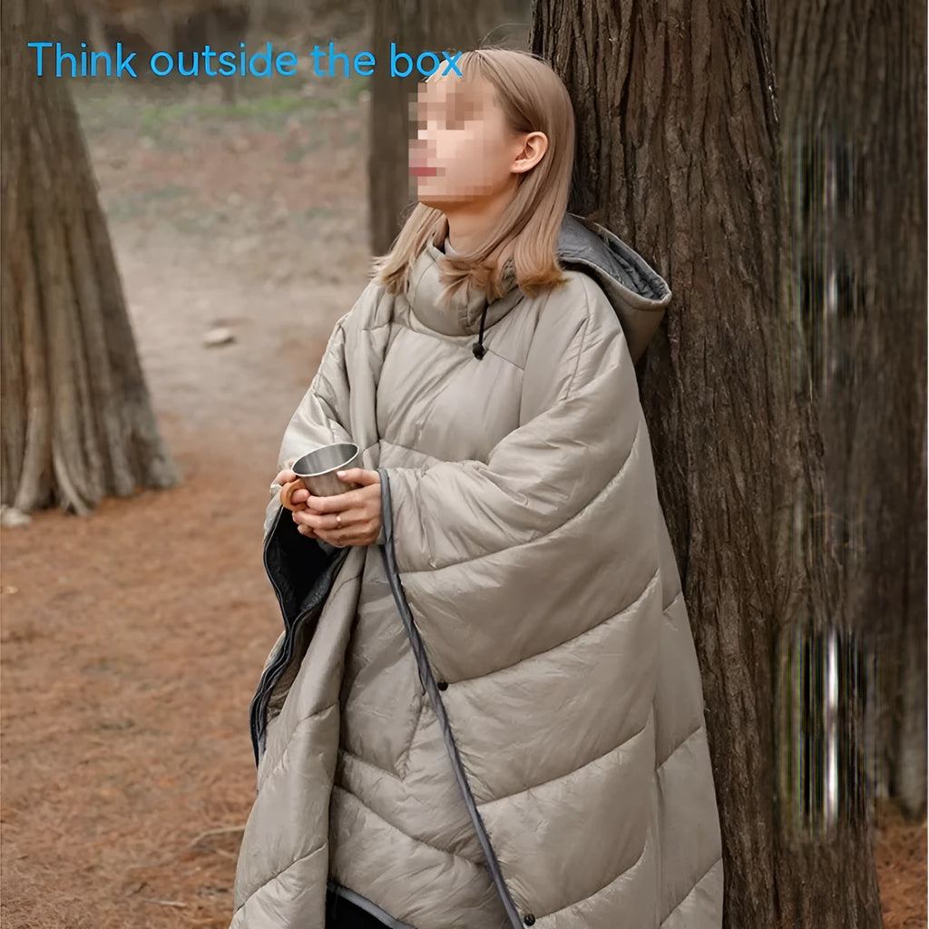 Army Green wearable cloak sleeping bag unfolded showing 200x140cm dimensions and cape design