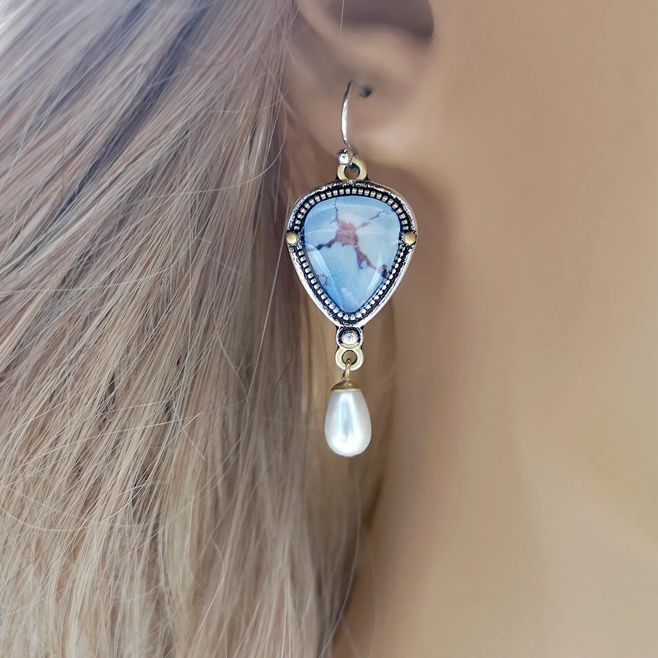 Retro blue geometric drop earrings with synthetic opal and pearl accents on metal