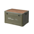 Large white foldable storage box with wooden lid showing dimensions and storage capacity