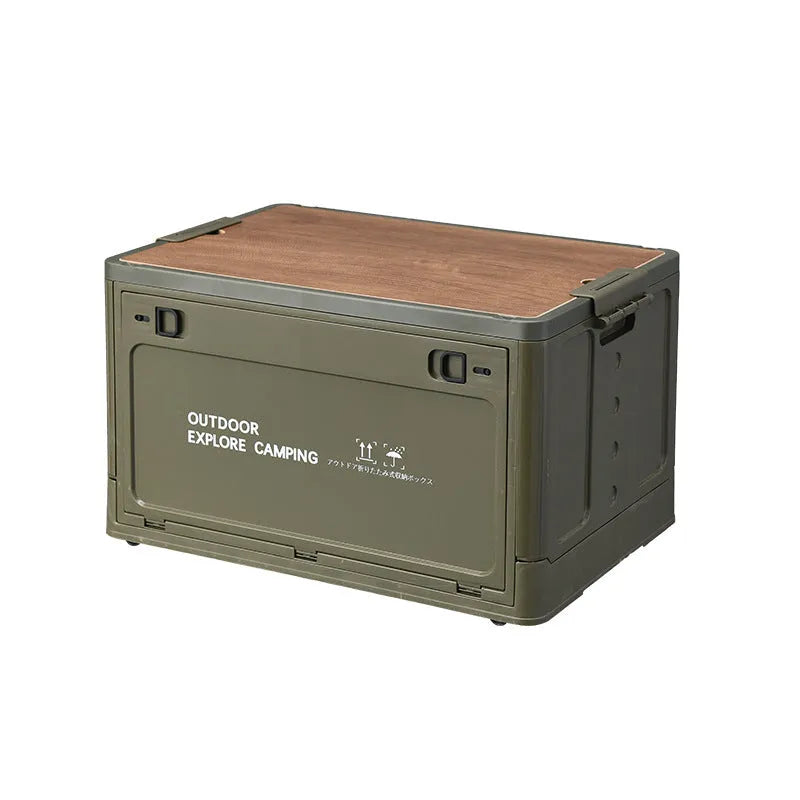 Large white foldable storage box with wooden lid showing dimensions and storage capacity