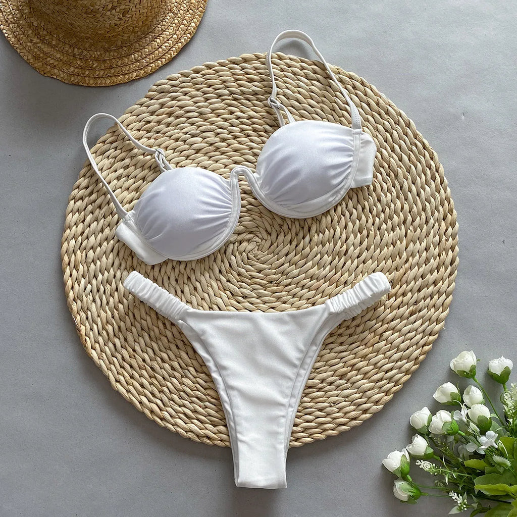 Women's khaki underwire bikini swimsuit with split bottom briefs on a mannequin.