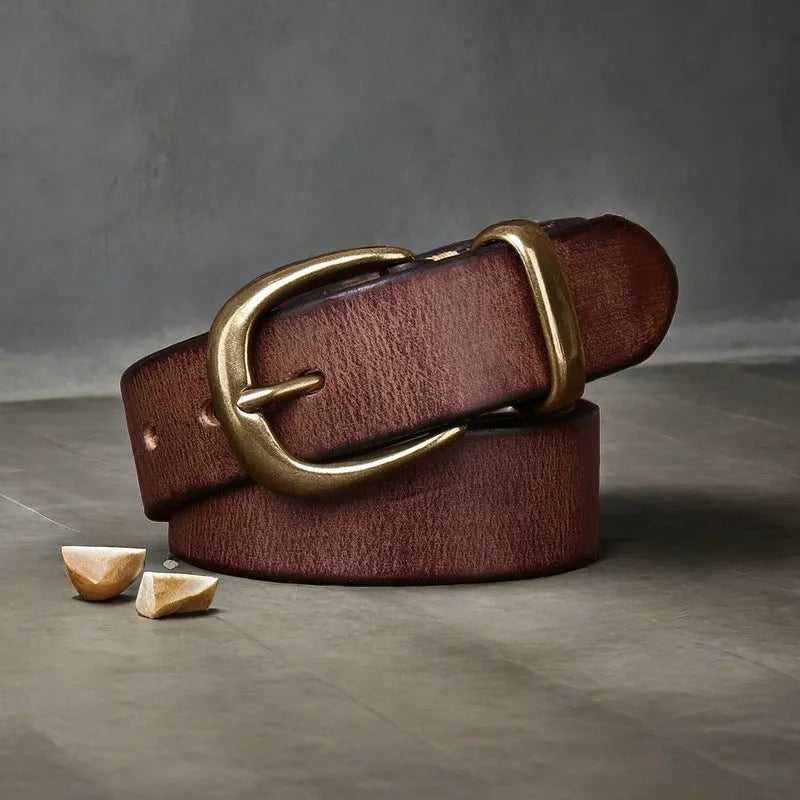 Men's cattlehide leather casual belt with copper buckle in black, brown and khaki colours