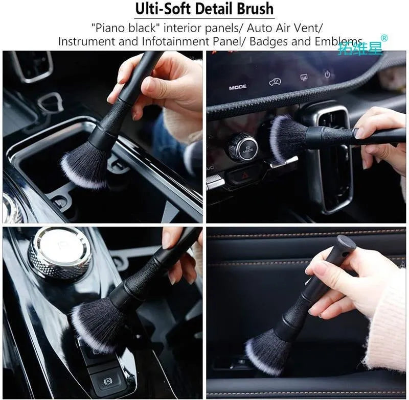 Black car detailing brush with PP handle and pig hair bristles shown in two sizes