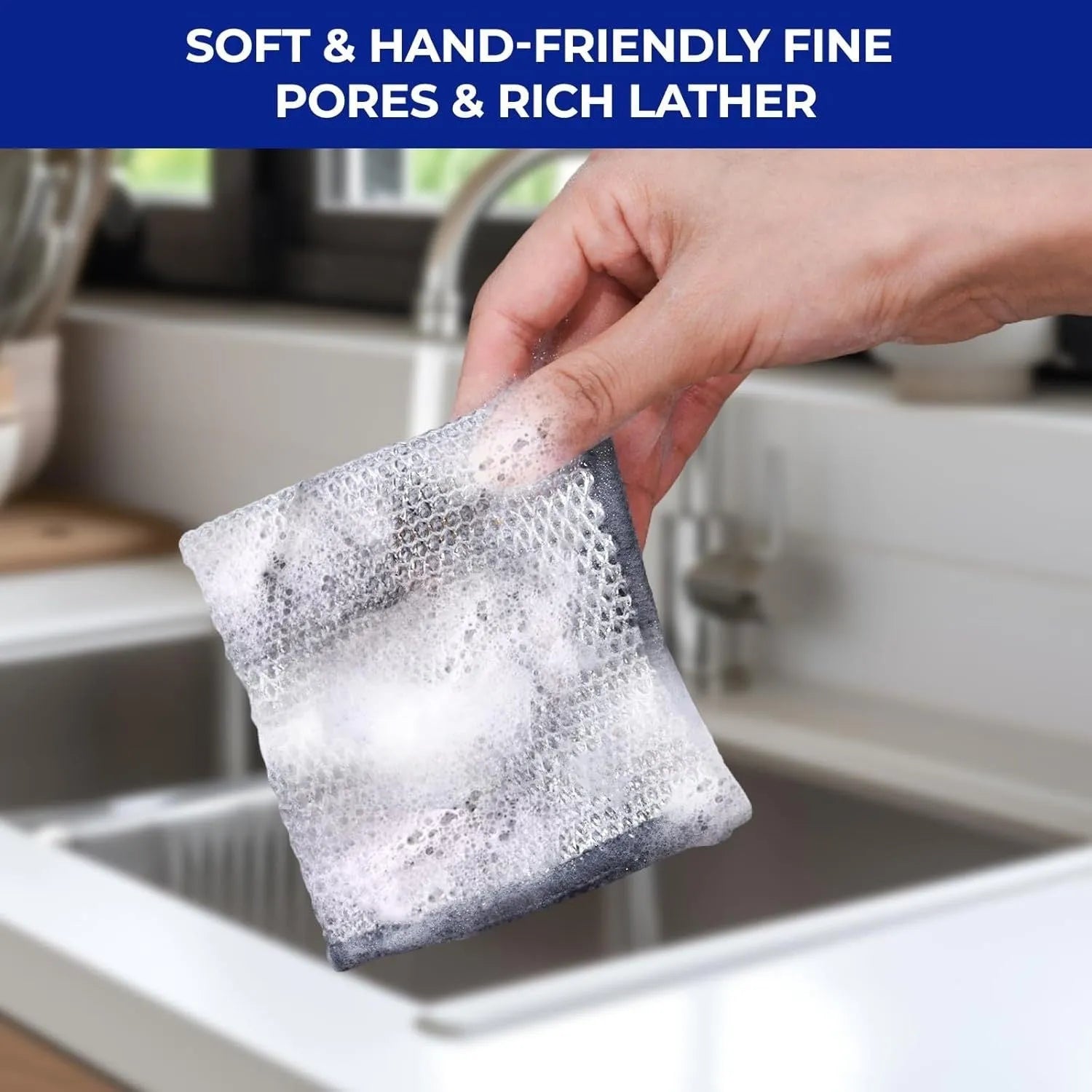 Silver wire kitchen scrubber with attached microfibre rag for double-sided pot cleaning