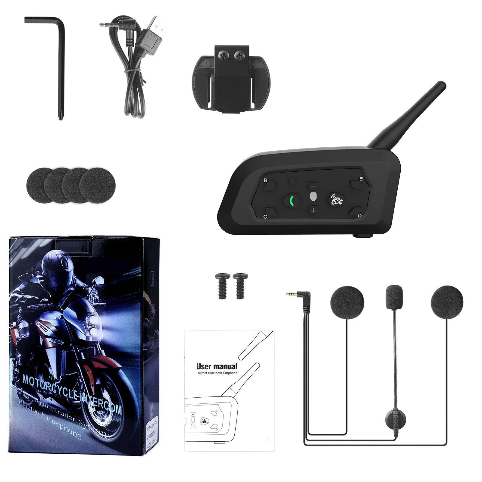 V6 Pro motorcycle helmet Bluetooth intercom unit with headphone and mounting accessories