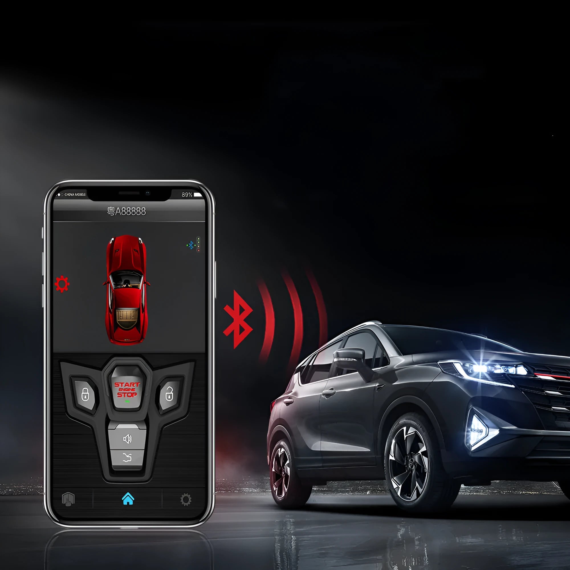 Red and frosted black car alarm system with two remote controls for vehicle security