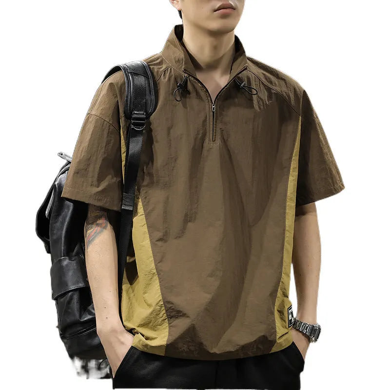 Brown men's half-zipped stand collar business shirt with short sleeves and fleece-lined construction