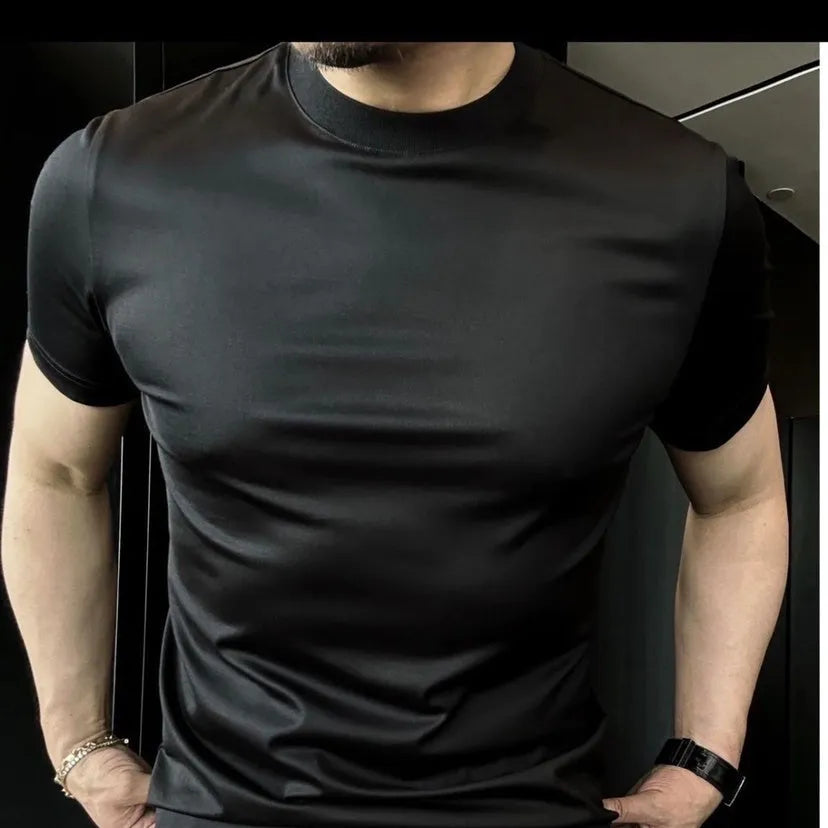 Ice silk soft breathable round neck short sleeve T-shirt in black front view on model