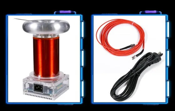Music Tesla coil driver board with controller and cables, showing 220V power input and 3.5mm audio port.