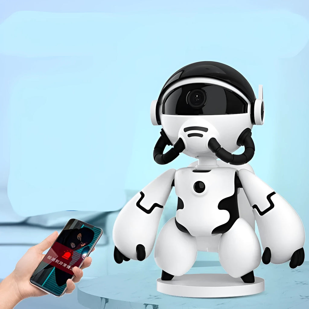 White or black Space Robot home security camera on a detachable base with anti-slip pads.