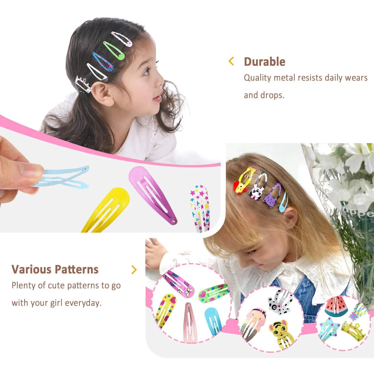 100 piece metal snap hair clip set showing animal, fruit, crown, star and flower designs in bright colours