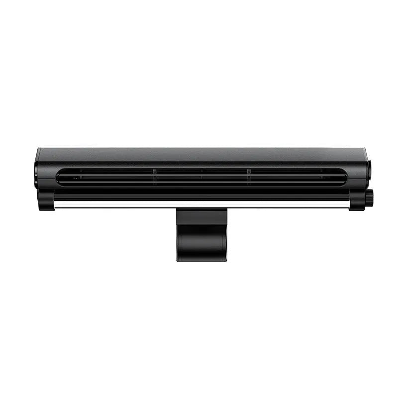 Black USB bladeless fan clipped to laptop screen with integrated lighting lamp and three-speed button control