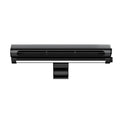 Black USB bladeless fan clipped to laptop screen with integrated lighting lamp and three-speed button control