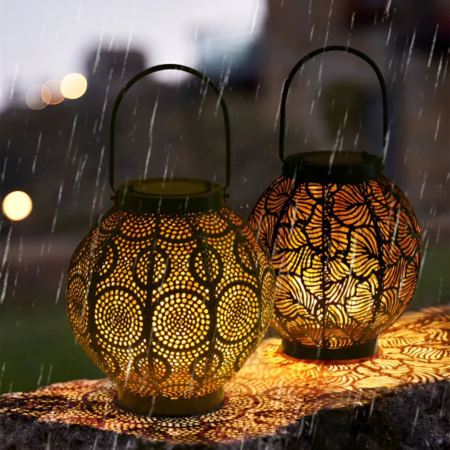 Solar-powered hollow decorative iron courtyard lamp with solar panel