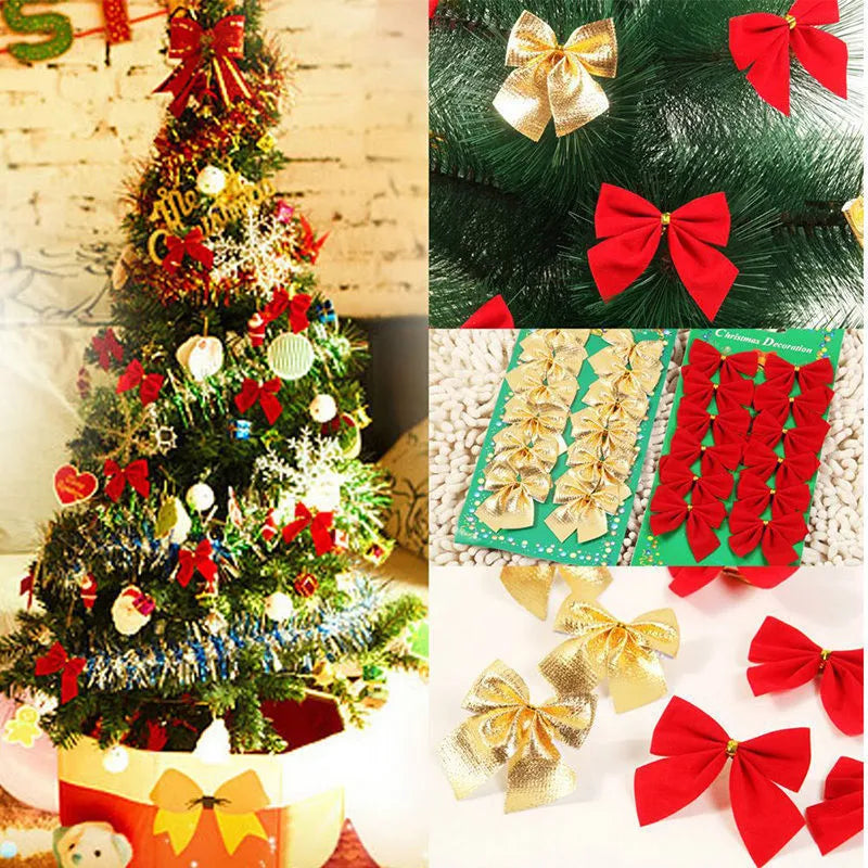 Red, gold, silver, and red-gold polyester Christmas tree ornament bows measuring 5 cm