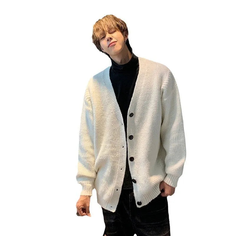 Men's loose V-neck cardigan sweater in army green, cotton blend fabric.