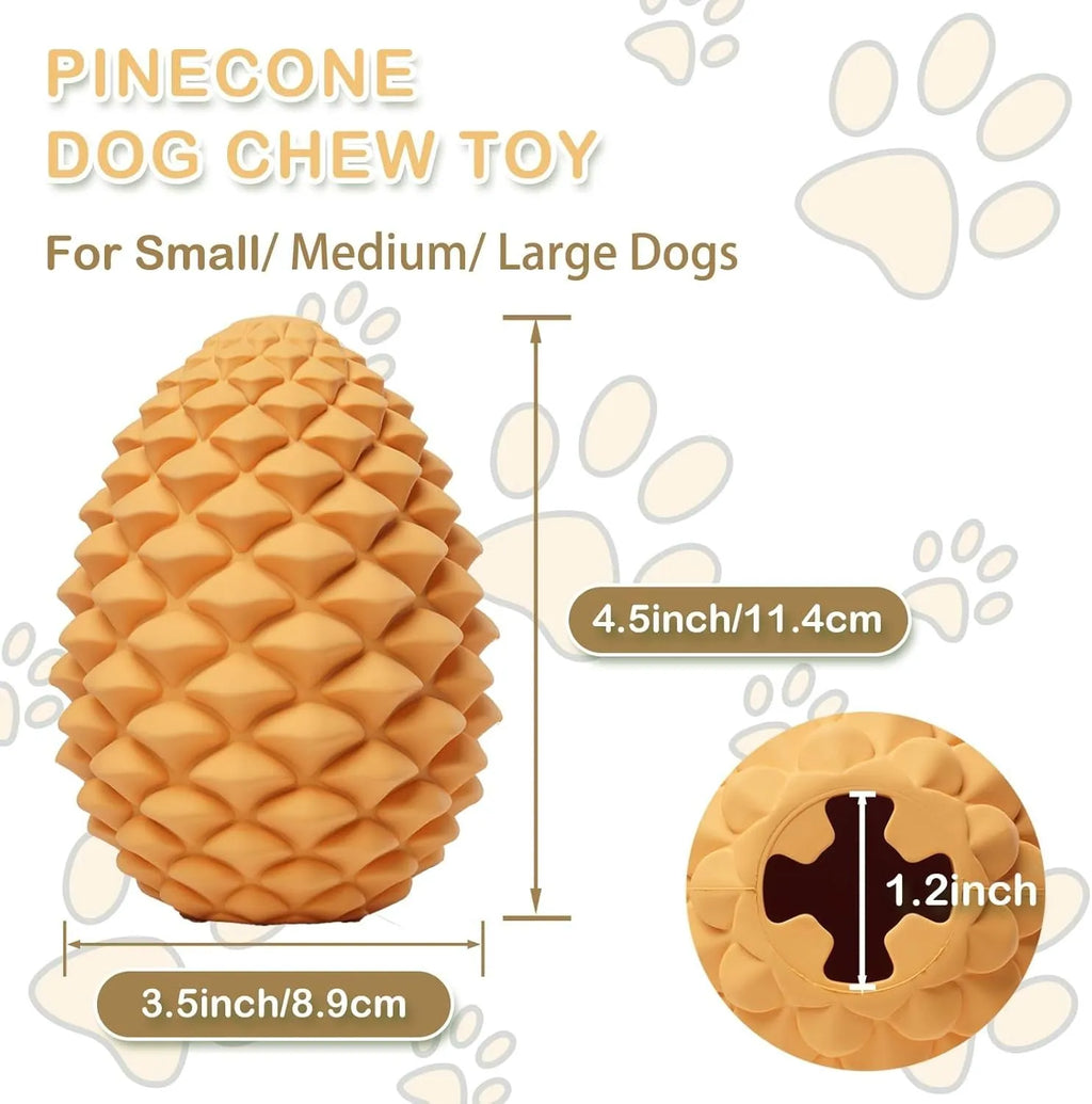 Yellow pine cone-shaped natural rubber dog toy with treat dispenser hole.