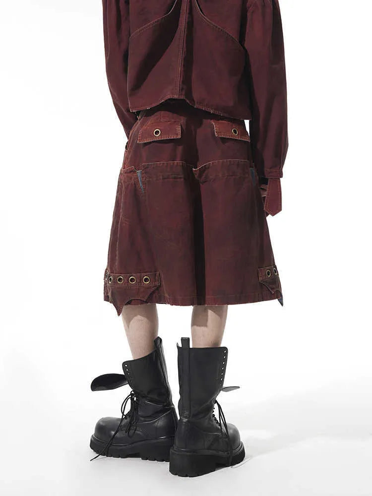 Men's double waist loose cropped black pants with washed stitching, fifth-pants length, mid-high waist, on model