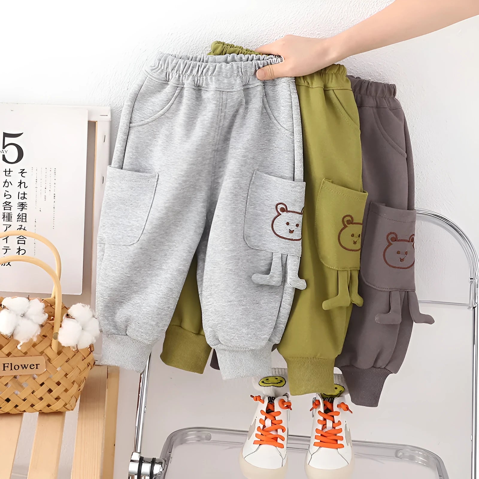 Boys' velvet sport pants in gray, green, and brown with elastic waistband and drawstring