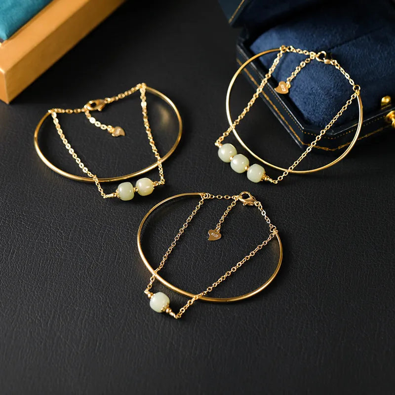 Hetian jade women's bracelet with gold inlay, showing lucky bead design in single, double, and three bead styles.