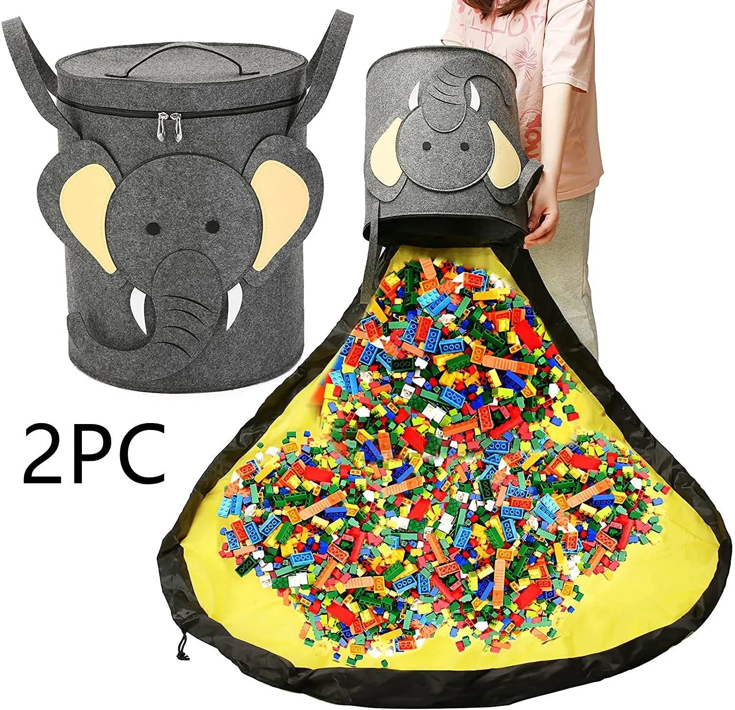 Green felt cube storage bag with pull rope, shown both as a closed bag and flattened as a play mat.