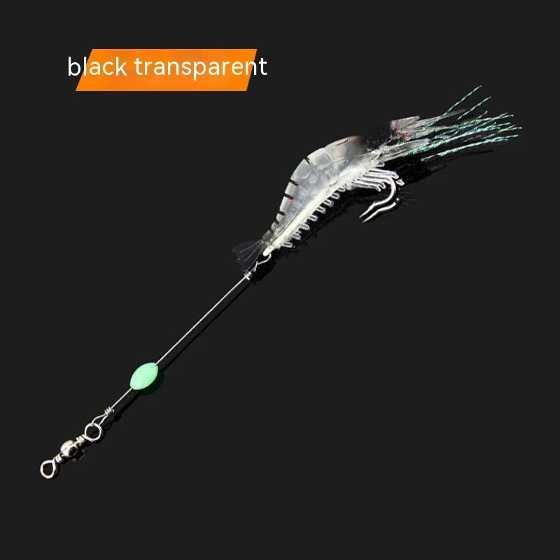 Six soft plastic fishing lures with hooks in various colours including luminous options on a blue background