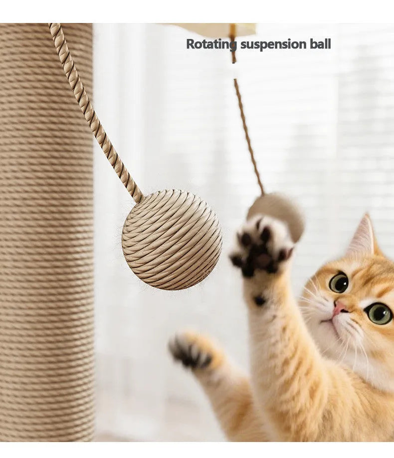 Windmill design cat climbing frame with hanging ball and carpet leather scratching surfaces
