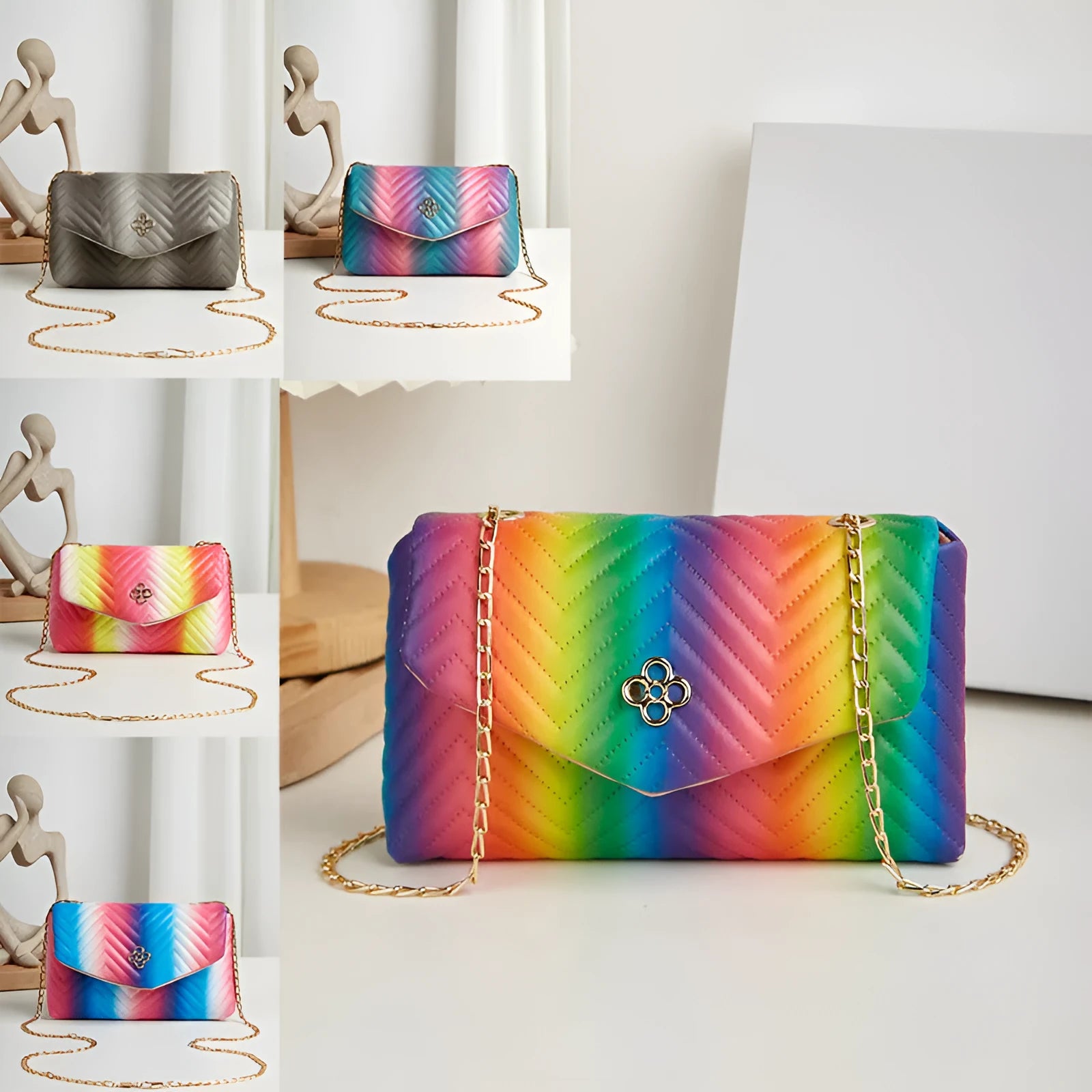 Soft PU clamshell bag with contrast colour pattern and single shoulder strap