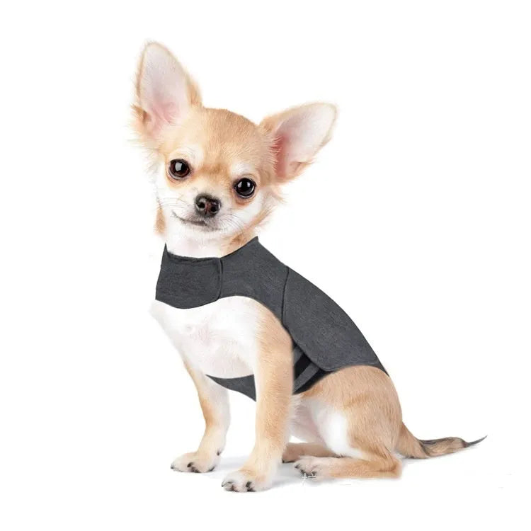 Heather grey brocade cotton ponte-de-roma dog anxiety jacket warm vest shown on a dog